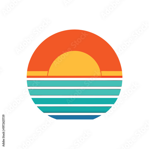 Retro sunset graphic design with horizontal lines as blue ocean waves, summer vacation concept