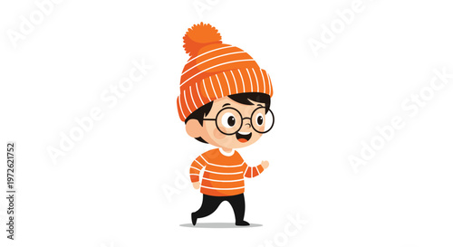 Cute cartoon boy with glasses and a warm orange winter hat and sweater walking happily on a snowy white surface in winter.