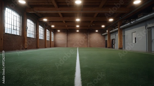 Spacious indoor athletic field with turf in a modern industrial loft setting