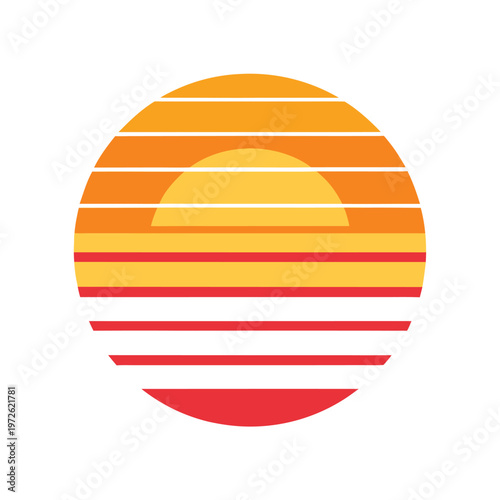 Retro sunset graphic design with horizontal lines as ocean waves, summer beach vacation concept