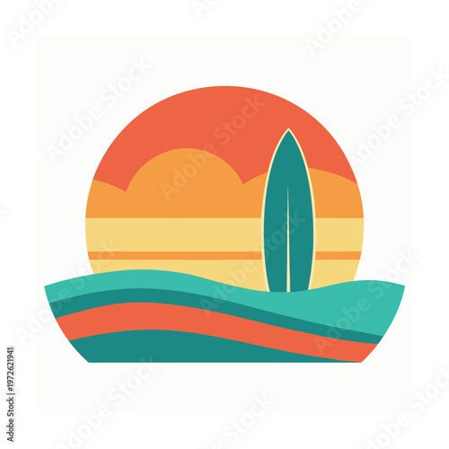 Retro sunset surfboard waves beach landscape vintage design.