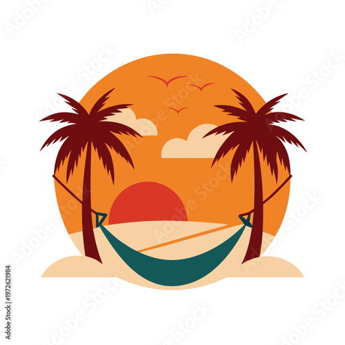 Palm trees hammock beach sunset birds clouds vintage.