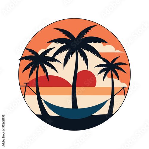 Tropical palm trees hammock sunset beach circular vintage design.