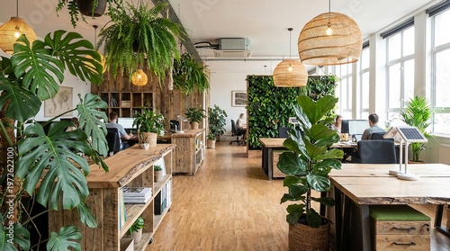Sustainable office with plants and wood