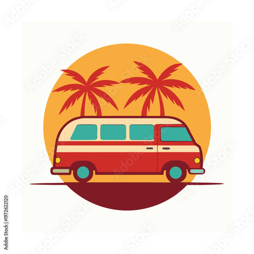 Classic camper van at sunset with palm trees background in retro red and yellow colors