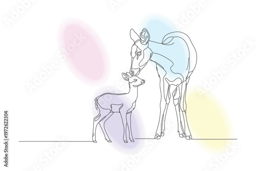 Elegant Continuous Line Drawing of a Mother Deer and Calf, Hand-Drawn Minimalist Illustration with Pastel Background