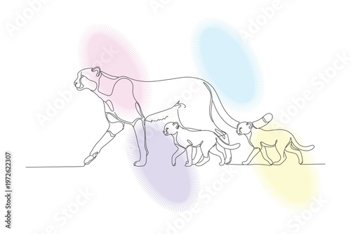Elegant continuous line drawing of a mother cow with two calves, showcasing love and family bonds in a minimalist style.