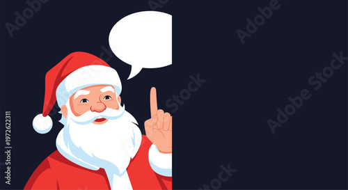 Santa claus character pointing up with a speech bubble peeking from the side of a large dark rectangular panel for text.