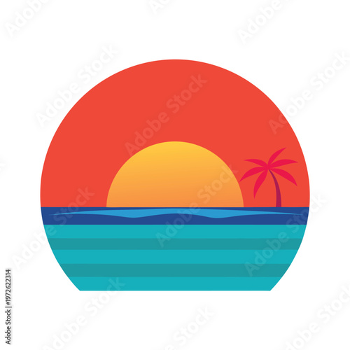 Summer sunset on a tropical beach, ocean waves, and small palm tree, circle design