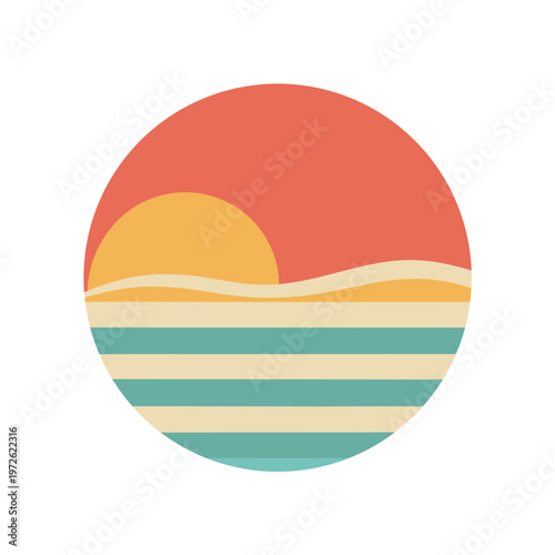 Retro sunset with ocean waves illustration, summer beach background, flat design style