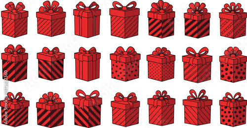 Red gift boxes collection with bows and patterns, festive present set for holiday celebration, birthday and Christmas packaging vector illustration