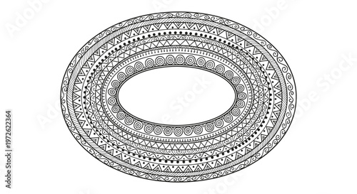 Intricate hand drawn oval mandala with various geometric and floral patterns for relaxation and coloring activity at home.