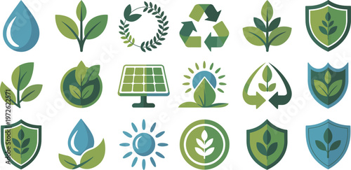 Eco friendly icons, green shield logos, sustainable symbols, environmental signs