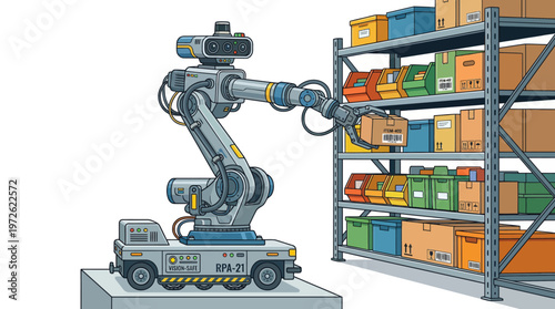 An industrial robotic arm on wheels is picking up a box from a shelf in a warehouse.