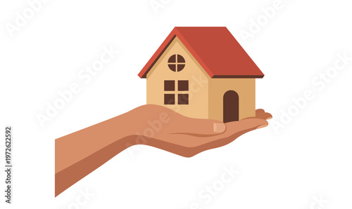 Hand holding small house, Buy house concept man holding house, property sale vector illustration