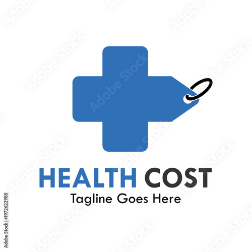 Medical cost logo combining a healthcare cross symbol with a blue price tag, ideal for health insurance, pharmaceutical pricing, hospital billing, and medical discount services.