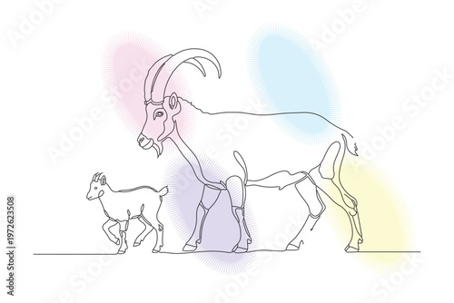 Elegant Continuous Line Drawing of a Mother Ibex and Calf, with Watercolor Background, Perfect for Nature-Inspired Designs and Minimalist Art