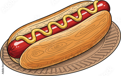 Hot dog with mustard in a bun, classic fast food illustration, grilled sausage sandwich on plate, street food concept vector isolated on white