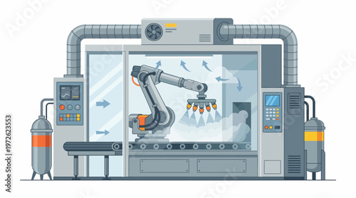 Automated robotic arm performing a task within a modern industrial manufacturing enclosure with conveyor belts and control panels.