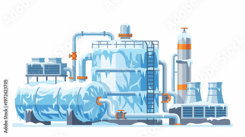 Industrial cryogenic plant with large storage tanks and cooling towers covered in ice and snow.