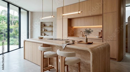 Warm minimalism kitchen design with natural wood island and hidden storage for seamless open space living in contemporary luxury home interior 2026 trend