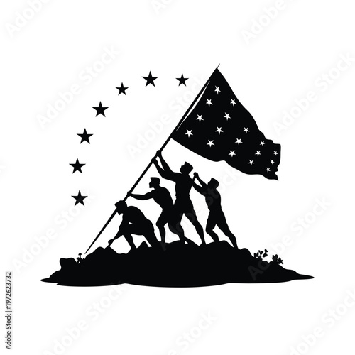 American flag raising, patriotic silhouette, iconic monument, black vector graphic