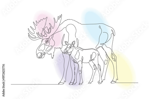 Elegant continuous line drawing of a mother moose and calf, showcasing a tender moment of animal love with a modern, minimalist aesthetic.