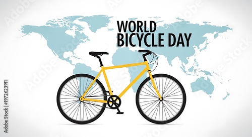 World bicycle day concept with yellow bike on world map background