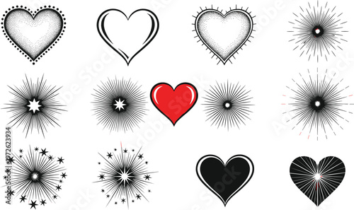 Heart shapes with starburst and sparkle effects collection, love symbols set with glowing and abstract designs, romantic decorative vector illustration