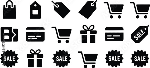 Black shopping icons, sale labels, e-commerce symbols, gift tags, vector graphics