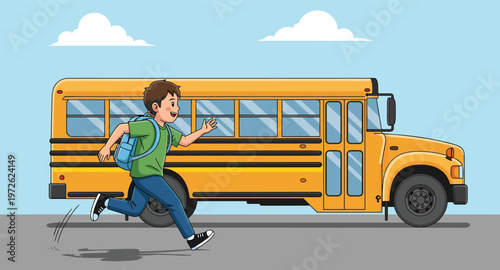 A cartoon boy in a green shirt and blue jeans runs towards a yellow school bus on a grey road with a light blue sky and white clouds in the background