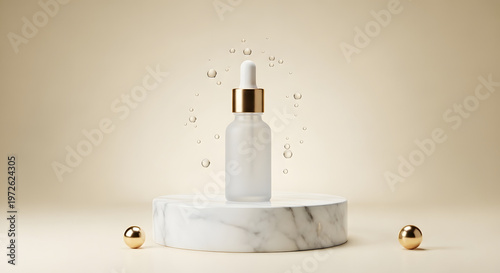 Cosmetic serum bottle on marble pedestal with water bubbles and golden spheres