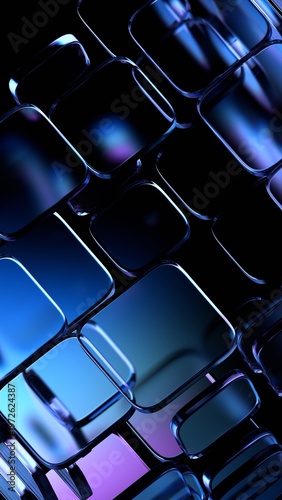 Abstract purple glass blocks on a black background, vertical 3d render