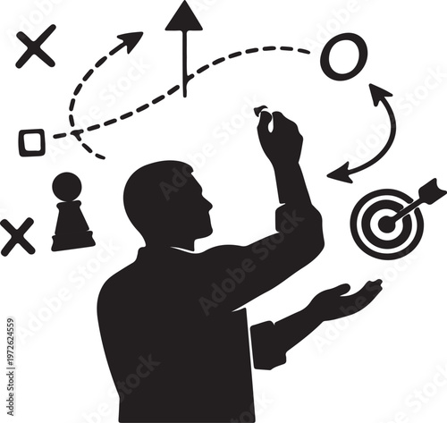 Silhouette of person drawing invisible plan lines in air like blueprint, strategic planning and business development concept, creative vision, architecture of ideas, isolated on white background