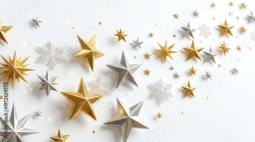 Festive Gold Silver Star Ornaments with Snowflakes for Holiday Decorations Photo