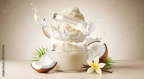 Cosmetic shea butter in jar with coconut elements and milk splash against neutral backdrop