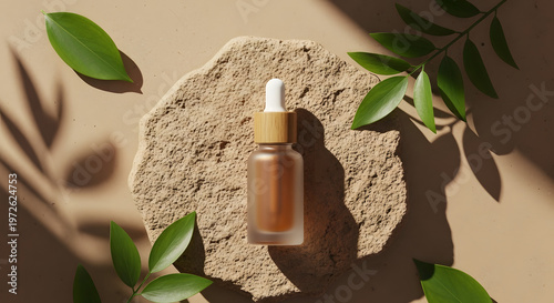 Cosmetic serum bottle with wooden cap leaves and a rock top view