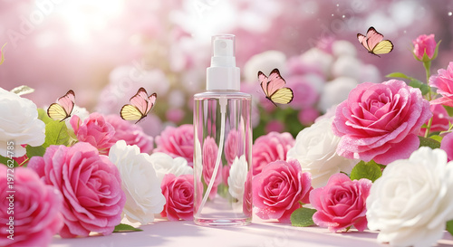 Cosmetic spray bottle among pink and white roses with butterflies and sunlight