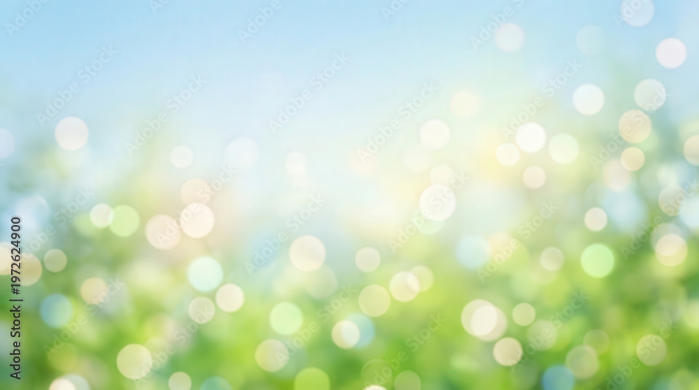 Fototapeta premium Bright Abstract Nature Scene with Bokeh Light Effects in Soft Green and Blue Hues