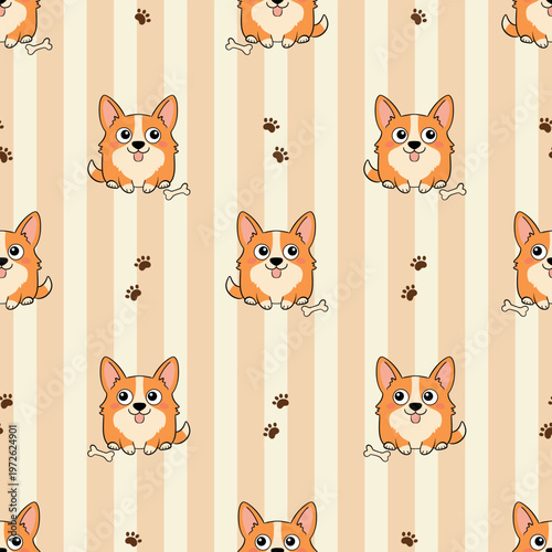 Happy welsh corgi dog seamless pattern with bones on striped background