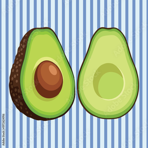 Ripe avocado halves on blue and white vertical stripes background
