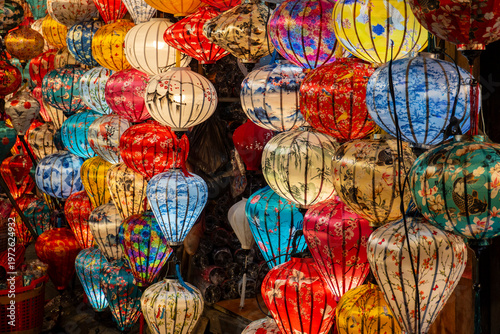 Colorful and Vibrant Traditional Vietnamese Silk Lanterns at a Night Market