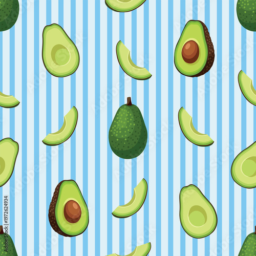 Seamless pattern with whole avocado and slices on blue striped background