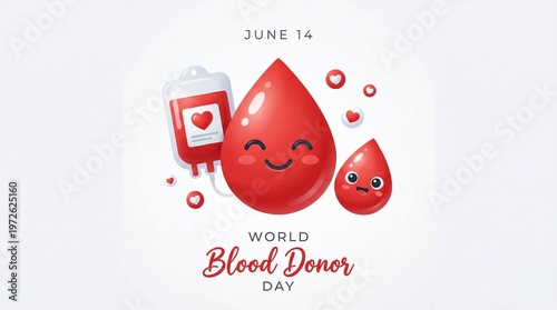World blood donor day cute blood drop characters with smiling faces and donation bag illustration for healthcare awareness campaign saving life support concept