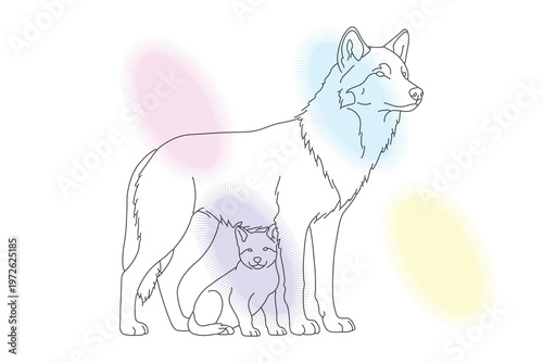 Gentle maternal love depicted in a continuous line drawing of a wolf and her calf, showcasing a tender bond and natural beauty.