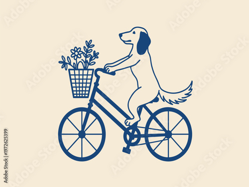 Dog riding bicycle with flowers in basket bike
