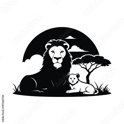 Lion, lion cub, safari, wildlife, black and white, vector illustration, animal icons, nature symbols