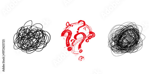 messy random line. Complicated clew way. Tangled scribble illustration. Chaotic difficult process.