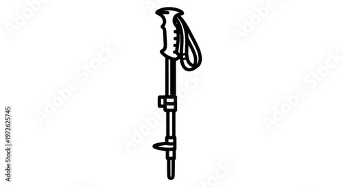 Black and white illustration of a collapsible trekking pole with strap and spiked tip for hiking. Design is minimal and isolated.