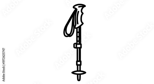 Black and white illustration of a collapsible trekking pole with strap and spiked tip for hiking. Design is minimal and isolated.